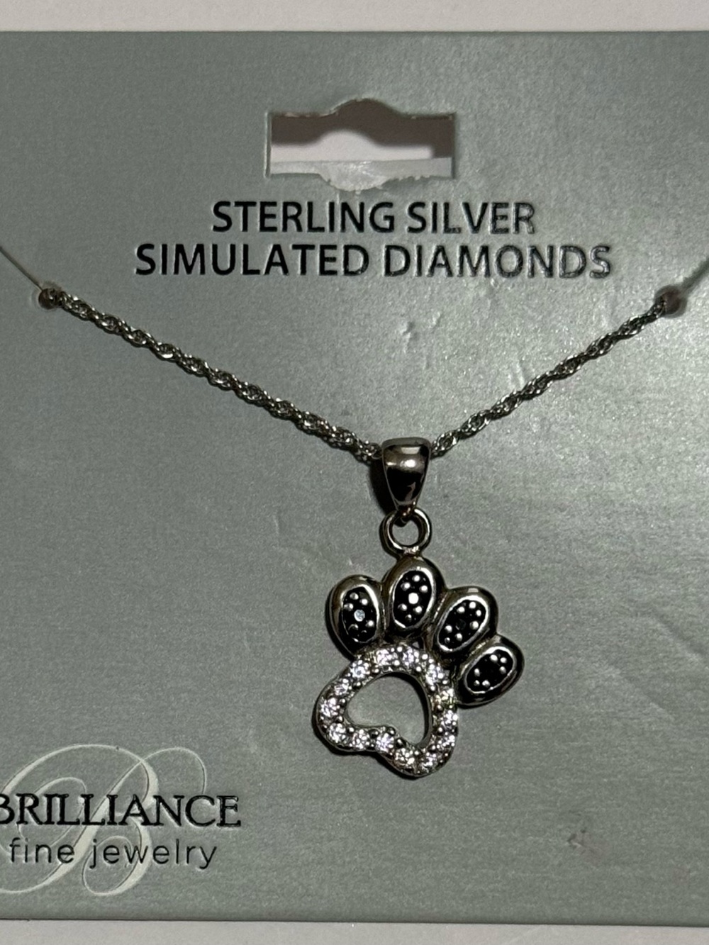 Brilliance Sterling Silver Simulated Diamonds Paw Pendant Necklace 18” Chain New